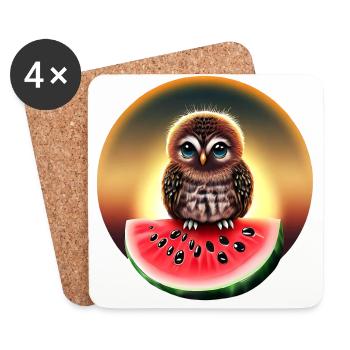 Hibou sur pastèque au coucher du soleil - Dessous de verre (lot de 4) - blanc - Devant