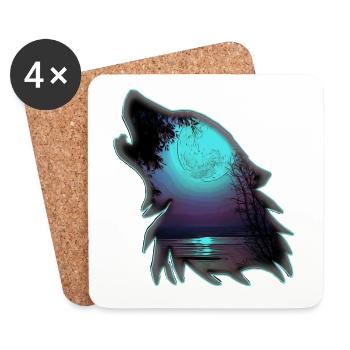 Wolf avec la lune | Création Yolo - Dessous de verre (lot de 4) - blanc - Devant