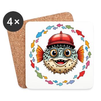 Puffer fish with red baseball cap and colorful fish - Coasters (set of 4) - white - Front
