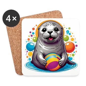 Laughing seal seal with colorful ball - Coasters (set of 4) - white - Front