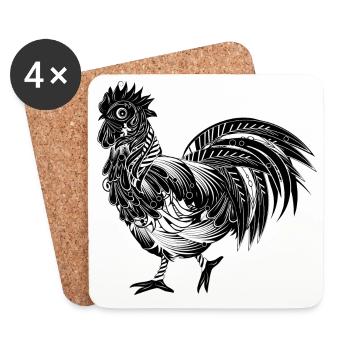 Un coq richement décoré - Dessous de verre (lot de 4) - blanc - Devant