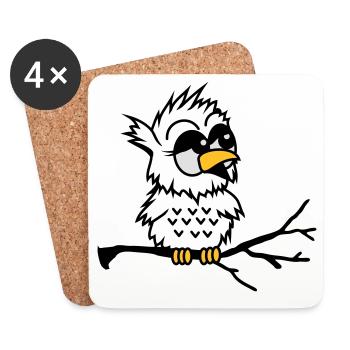 Un hibou petit bébé assis sur une branche - Dessous de verre (lot de 4) - blanc - Devant