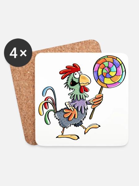 Huhn mit Lolli - Hahn - Henne - Lutscher - Essen - Untersetzer (4er-Set) - Weiß