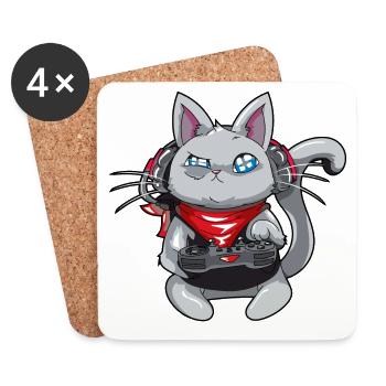 Katze mit Kopfhörern - spielende Katze - Gamerkatze - Untersetzer (4er-Set) - Weiß - Vorne