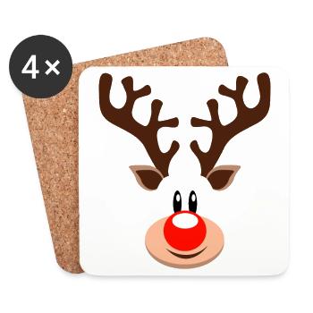 Reindeer Face Rudolf Reindeer Antler Red Nose - Coasters (set of 4) - white - Front