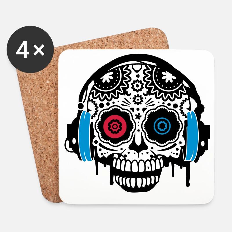 Sugar Skull mit Kopfhörer - Untersetzer (4er-Set) - Weiß