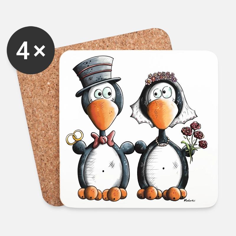 Pinguin Hochzeit - Untersetzer (4er-Set) - Weiß