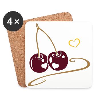 Deux cerises aux cœurs, amoureuses. - Dessous de verre (lot de 4) - blanc - Devant