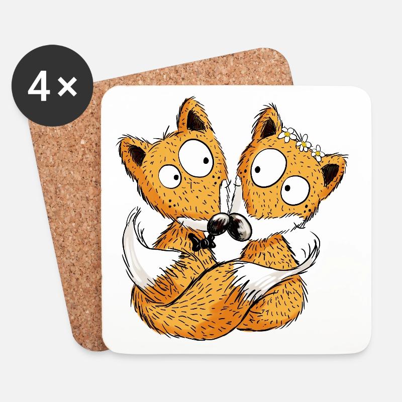 Fuchs Hochzeit - Brautpaar - Comic - Partnerschaft - Untersetzer (4er-Set) - Weiß