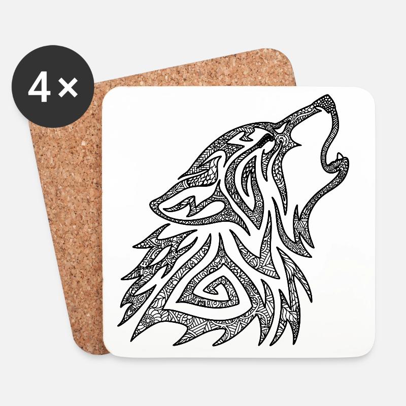 Mandala de loup hurlant - Dessous de verre (lot de 4) - blanc