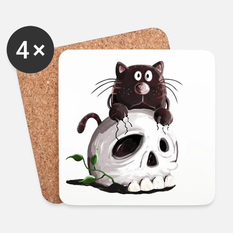 Schwarze Katze und Totenkopf Comic - Untersetzer (4er-Set) - Weiß