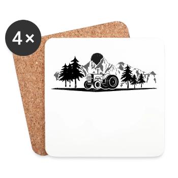 Tractor. Sun. Mountains and trees. - Coasters (set of 4) - white - Front