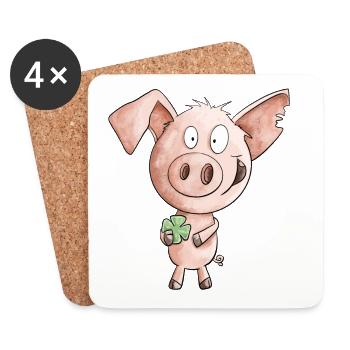 Happiness Pig With Cloverleaf - Coasters (set of 4) - white - Front