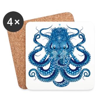 Poulpe aux coraux, coquillages et anémones de mer - Dessous de verre (lot de 4) - blanc - Devant