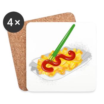 French fries with ketchup in a cardboard bowl and fork - Coasters (set of 4) - white - Front