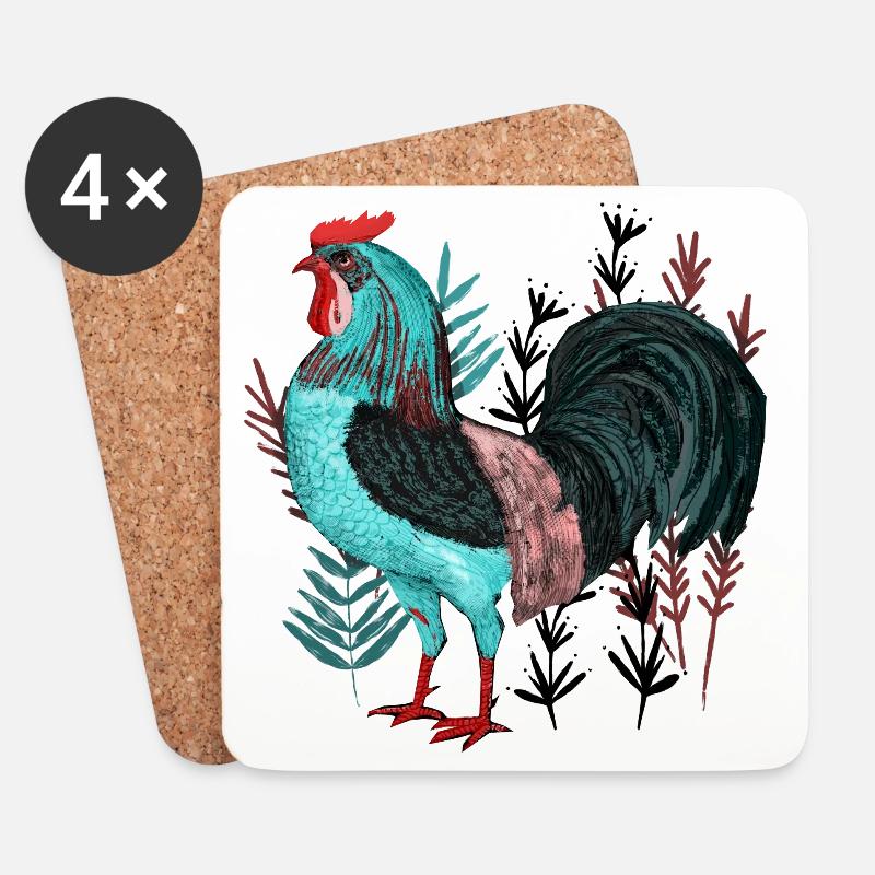 Türkisfarbener Hahn im Pflanzendesign - Untersetzer (4er-Set) - Weiß