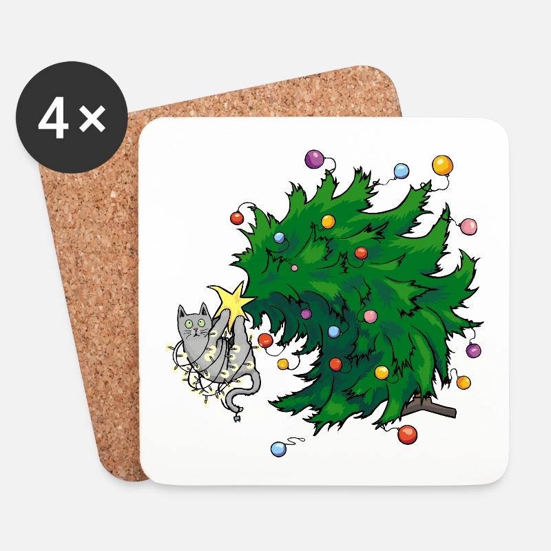 Katze und des Weihnachtsbaum - Untersetzer (4er-Set) - Weiß