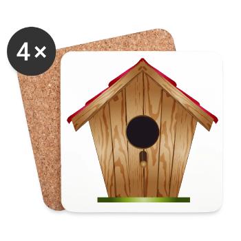 schönes Vogelhäuschen aus Holz mit schrägem Dach - Untersetzer (4er-Set) - Weiß - Vorne