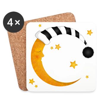 lune endormie avec un bonnet de couchage à rayures - Dessous de verre (lot de 4) - blanc - Devant