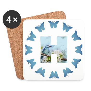 fleurs oiseaux bleus h - Dessous de verre (lot de 4) - blanc - Devant