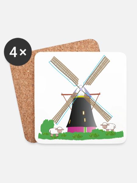 Windmühle mit Schafen - Untersetzer (4er-Set) - Weiß