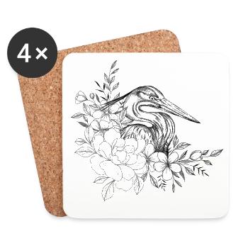 Dessin héron floral - Dessous de verre (lot de 4) - blanc - Devant