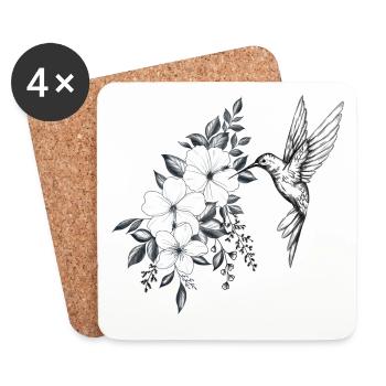 fleurs de cerisier et hibiscus, petit oiseau colib - Dessous de verre (lot de 4) - blanc - Devant