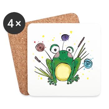 Cute Little Frog in the Grass – Cartoon Design - Coasters (set of 4) - white - Front