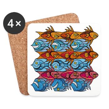 Tesselation poissons à la Escher en bleu rouge - Dessous de verre (lot de 4) - blanc - Devant
