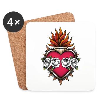 Coeur & Roses style tatouage old-school tradi. - Dessous de verre (lot de 4) - blanc - Devant