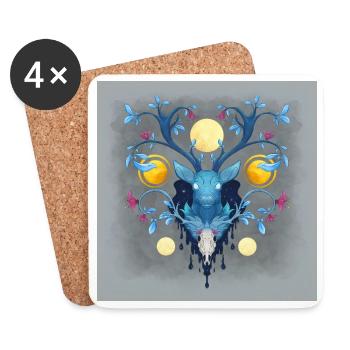 Blue Ink Spirits Posters - Cerf Nocturne Fleuri - Dessous de verre (lot de 4) - blanc - Devant