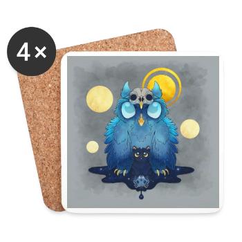Blue Ink Spirits Poster - Eule und Schwarzes Kätzchen - Untersetzer (4er-Set) - Weiß - Vorne