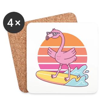 Funny Flamingo Surfing On Surfboard Sunset - Coasters (set of 4) - white - Front