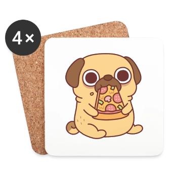 Chien carlin mignon mangeant une tranche de pizza - Dessous de verre (lot de 4) - blanc - Devant