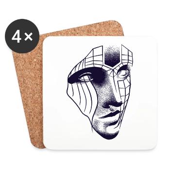 Visage robotique dessin 3D lignes & dotwork art - Dessous de verre (lot de 4) - blanc - Devant