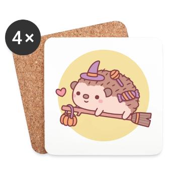 Cute Hedgehog Witch On Flying Broom Halloween - Coasters (set of 4) - white - Front