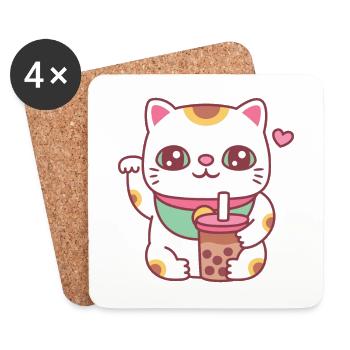 Süße Maneki Neko Katze mit Bubble Tea - Untersetzer (4er-Set) - Weiß - Vorne