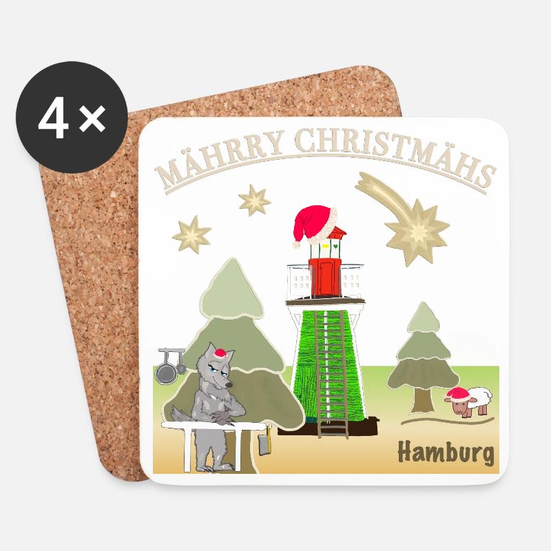 Weihnachten Hamburg, Leuchtturm Bunthaus, Wolf - Untersetzer (4er-Set) - Weiß