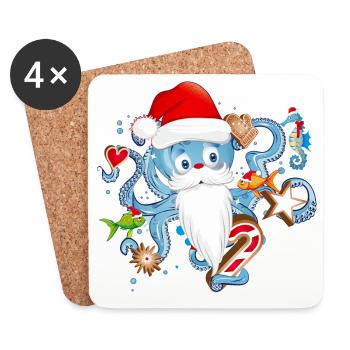 Oktopus als Santa Claus mitWeihnachtsmann Mütze - Untersetzer (4er-Set) - Weiß - Vorne