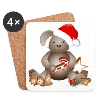 goldiger Hase für Weihnachten mit Weihnachtsmütze - Untersetzer (4er-Set) - Weiß - Vorne