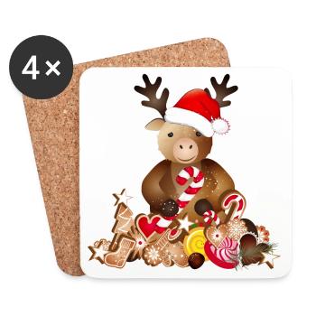 Renne mignon pour Noël avec chapeau de Noël - Dessous de verre (lot de 4) - blanc - Devant