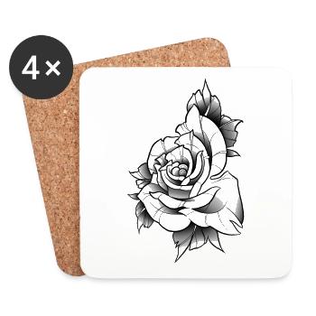 Rose line art traditionnel - Dessous de verre (lot de 4) - blanc - Devant