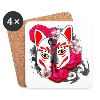 Blumenmuster japanisch, Kitsunemaske Hälften - Untersetzer (4er-Set) - Weiß - Vorne