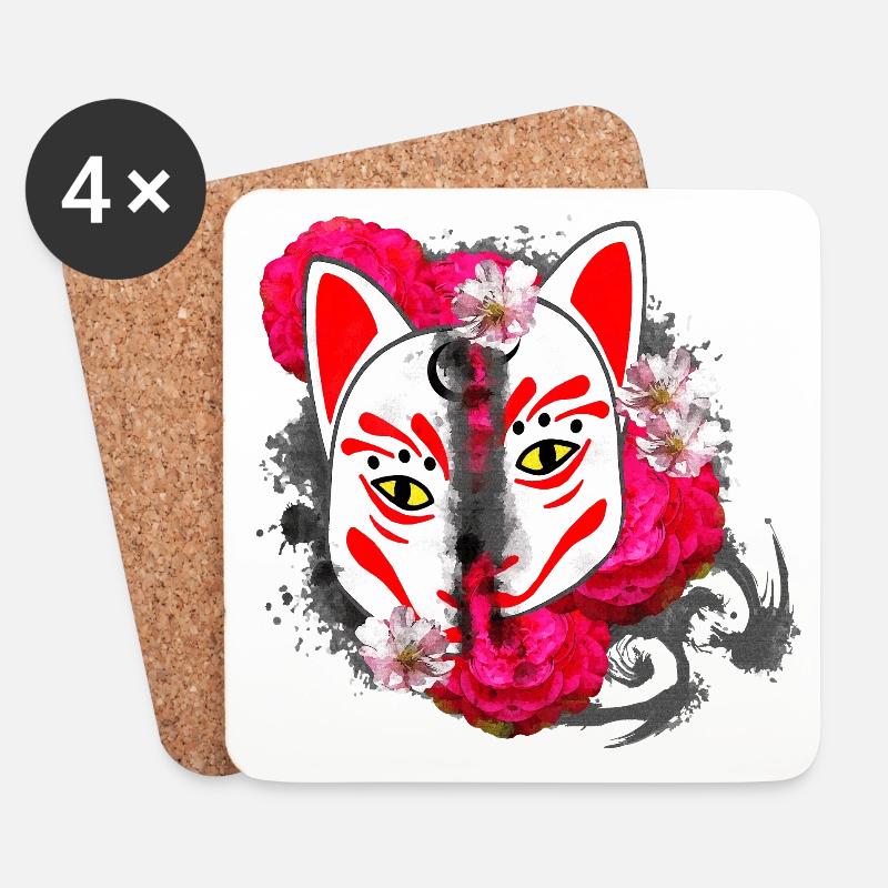 Blumenmuster japanisch, Kitsunemaske Hälften - Untersetzer (4er-Set) - Weiß