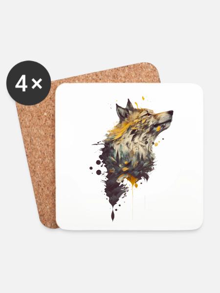 Wolf Design mit einem inkludierten Wald - Untersetzer (4er-Set) - Weiß