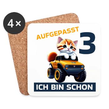 3. Geburtstag Katze auf Monstertruck, 3 Jahre - Untersetzer (4er-Set) - Weiß - Vorne