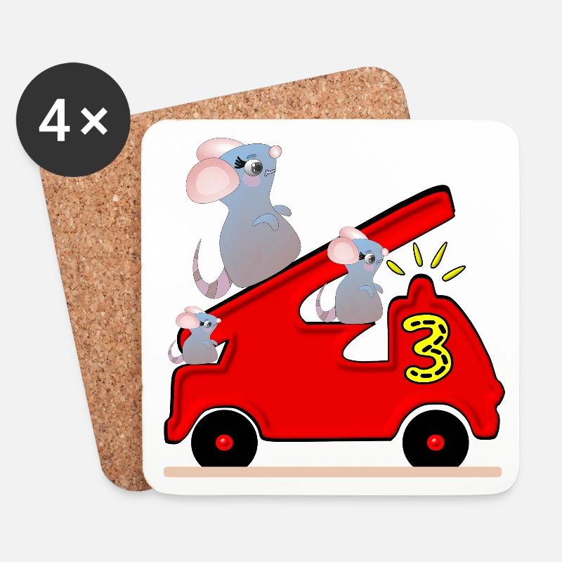 Feuerwehrauto - DREI - 3. Geburtstag - MICE - Untersetzer (4er-Set) - Weiß