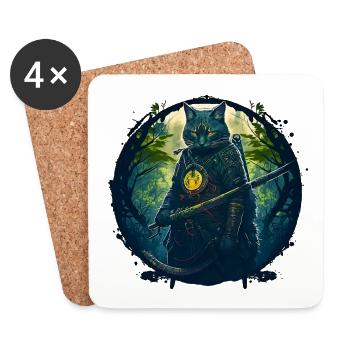 Cat as samurai in forest - Coasters (set of 4) - white - Front