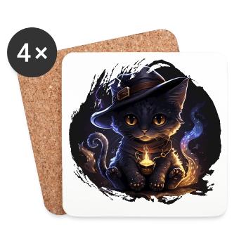 Chat Sorcière Mystique avec Chapeau Magique - Dessous de verre (lot de 4) - blanc - Devant