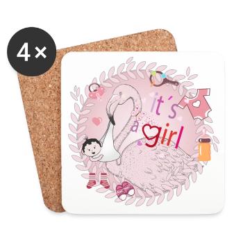 Flamingo mit Baby und Baby Utensilien in Rosa - Untersetzer (4er-Set) - Weiß - Vorne